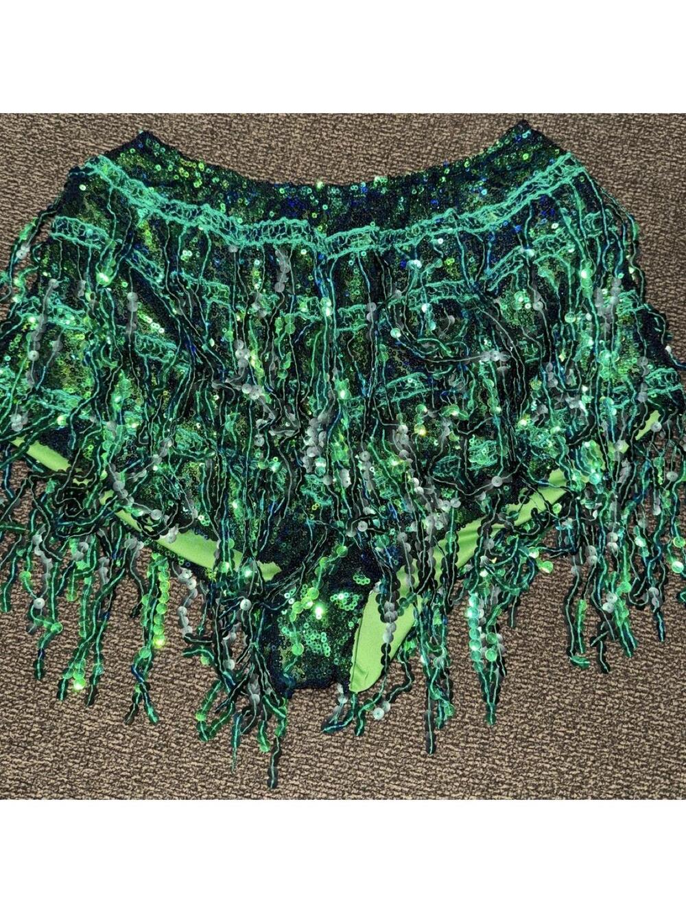 Green Sequin Fringe Shorts S Mermaid Rave Halloween NYE Hot Pants - Picture 2 of 8
